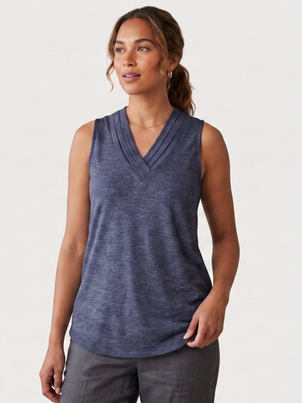NWOT | Navy Blue Heather Pleated V-Neck Sleeveless Business Casual Tank | Medium